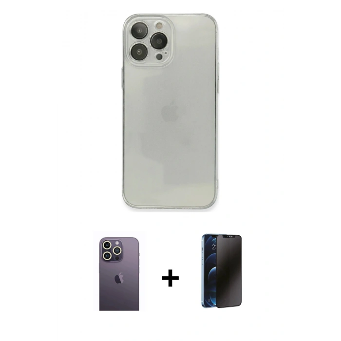 MARSİLYAN™- iPhone 13 Pro Max Kılıf Ahenk Doku - Siyah 3D Antistatik Hayalet Cam Ekran Koruyucu + Neon Fosforlu Kamera Lens - BZ