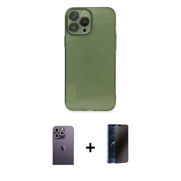 MARSİLYAN™- iPhone 13 Pro Max Kılıf Ahenk Doku - Siyah 3D Antistatik Hayalet Cam Ekran Koruyucu + Neon Fosforlu Kamera Lens - BZ