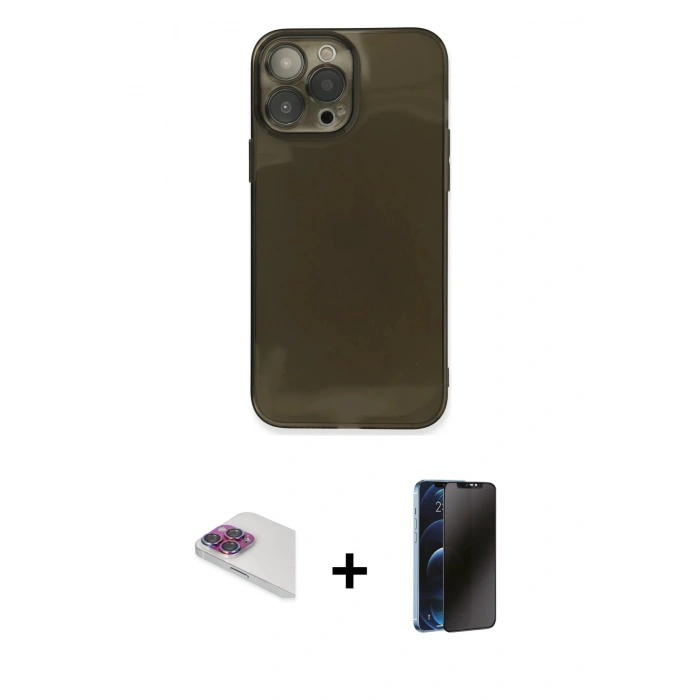 MARSİLYAN™- iPhone 13 Pro Max Kılıf Ahenk Doku - Siyah 3D Antistatik Hayalet Cam Ekran Koruyucu + Pers Alüminyum Kamera Lens - GI