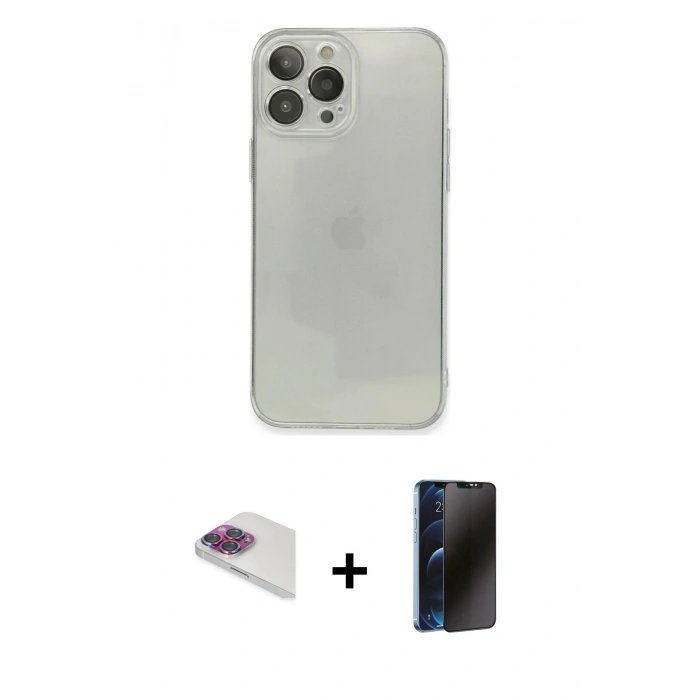MARSİLYAN™- iPhone 13 Pro Max Kılıf Ahenk Doku - Siyah 3D Antistatik Hayalet Cam Ekran Koruyucu + Pers Alüminyum Kamera Lens - GI