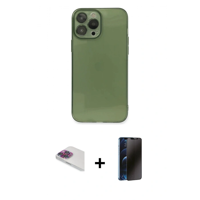 MARSİLYAN™- iPhone 13 Pro Max Kılıf Ahenk Doku - Siyah 3D Antistatik Hayalet Cam Ekran Koruyucu + Pers Alüminyum Kamera Lens - GI