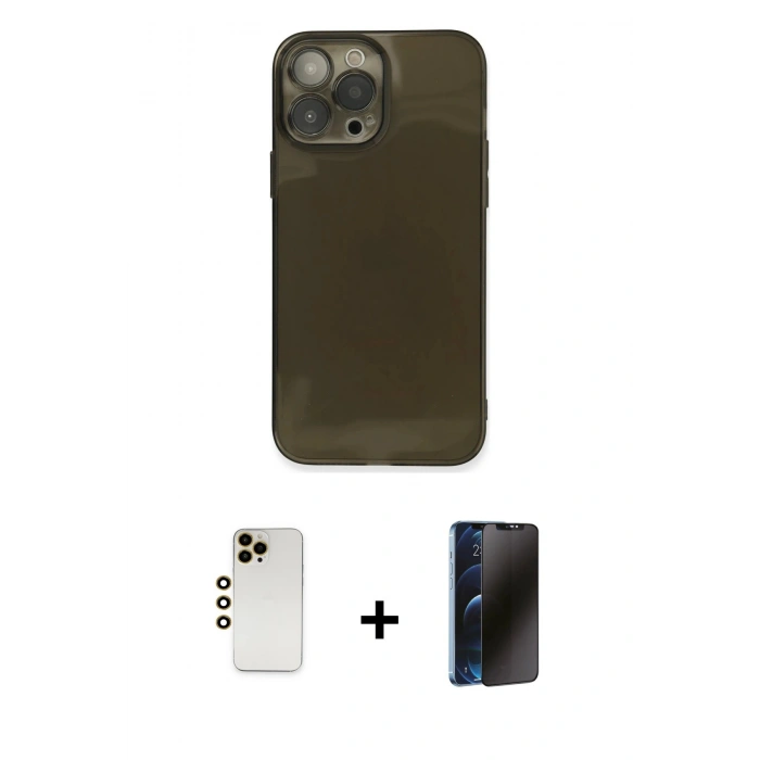 MARSİLYAN™- iPhone 13 Pro Max Kılıf Ahenk Doku - Siyah 3D Antistatik Hayalet Cam Ekran Koruyucu + Shine Kamera Lens - GD