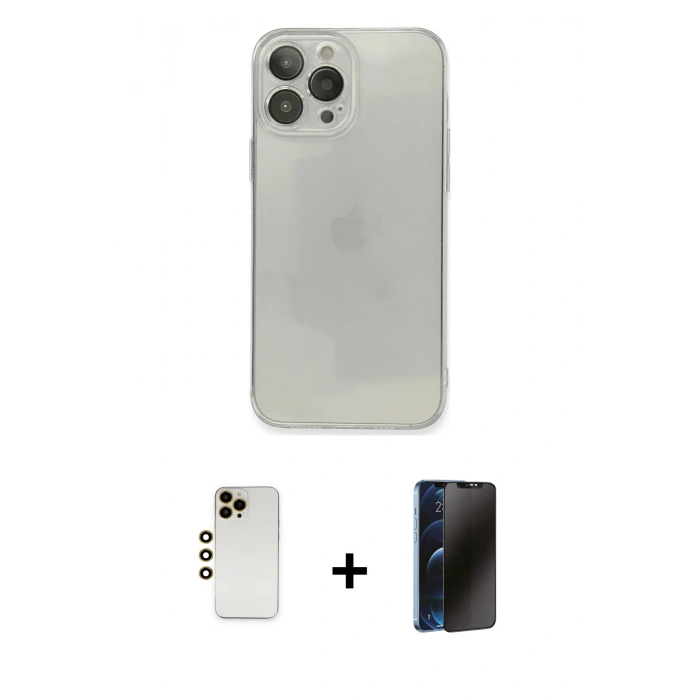 MARSİLYAN™- iPhone 13 Pro Max Kılıf Ahenk Doku - Siyah 3D Antistatik Hayalet Cam Ekran Koruyucu + Shine Kamera Lens - GD