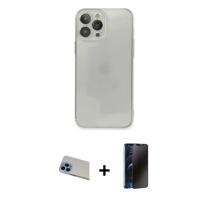 MARSİLYAN™- iPhone 13 Pro Max Kılıf Ahenk Doku - Siyah 3D Antistatik Hayalet Cam Ekran Koruyucu + Rainbow Kamera Lens Koruma Cam - MI