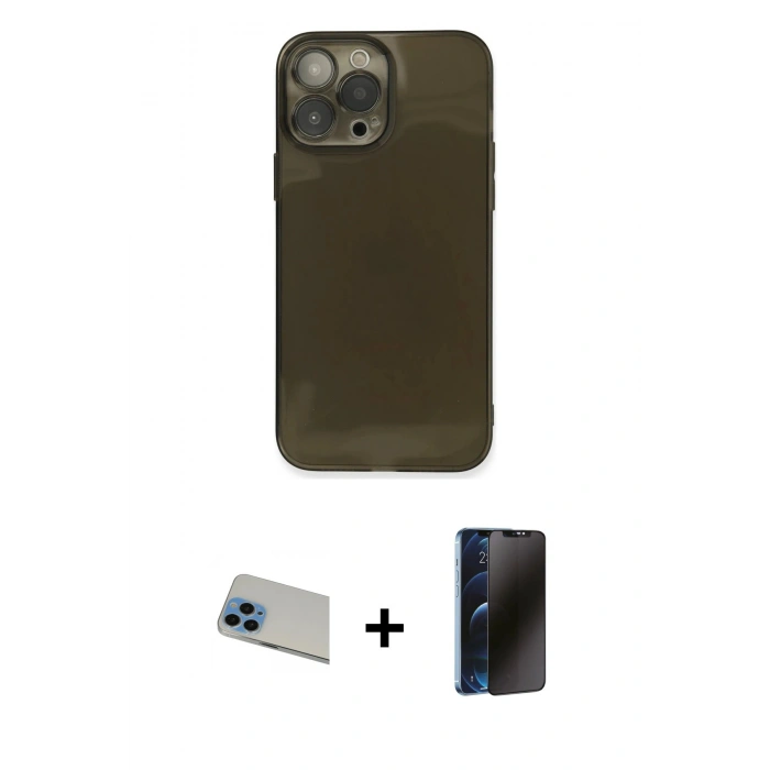 MARSİLYAN™- iPhone 13 Pro Max Kılıf Ahenk Doku - Siyah 3D Antistatik Hayalet Cam Ekran Koruyucu + Rainbow Kamera Lens Koruma Cam - MI