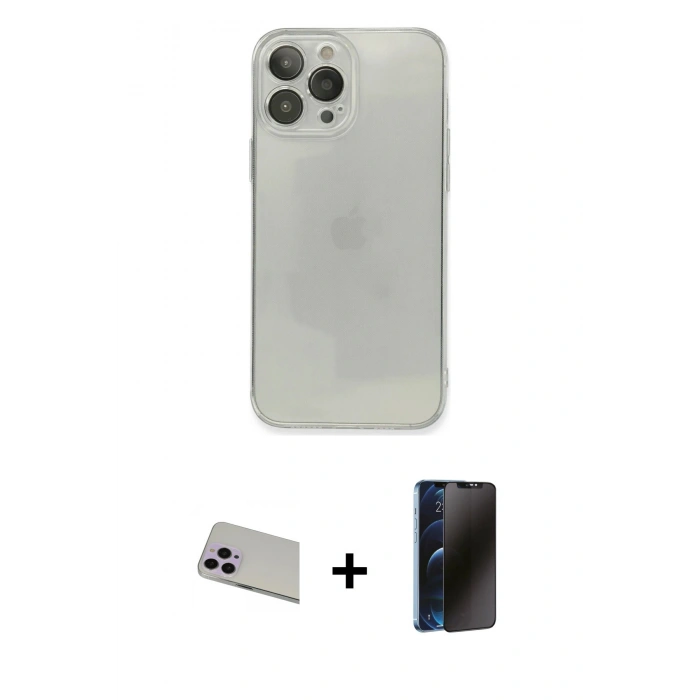 MARSİLYAN™- iPhone 13 Pro Max Kılıf Ahenk Doku - Siyah 3D Antistatik Hayalet Cam Ekran Koruyucu + Rainbow Kamera Lens Koruma Cam - MR