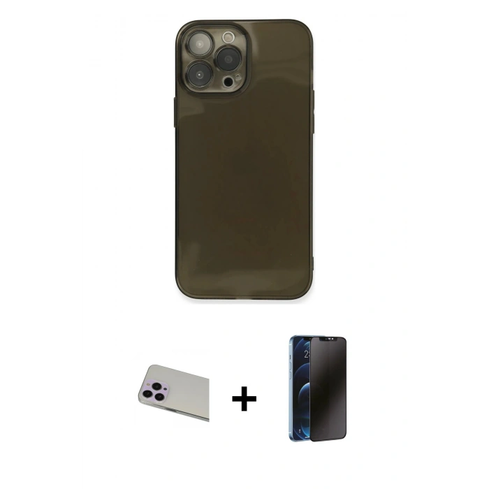 MARSİLYAN™- iPhone 13 Pro Max Kılıf Ahenk Doku - Siyah 3D Antistatik Hayalet Cam Ekran Koruyucu + Rainbow Kamera Lens Koruma Cam - MR