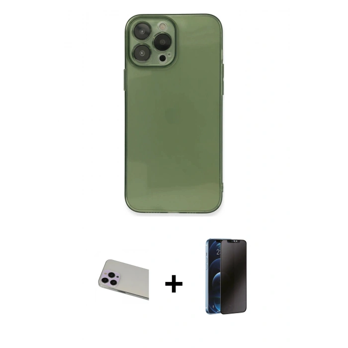 MARSİLYAN™- iPhone 13 Pro Max Kılıf Ahenk Doku - Siyah 3D Antistatik Hayalet Cam Ekran Koruyucu + Rainbow Kamera Lens Koruma Cam - MR