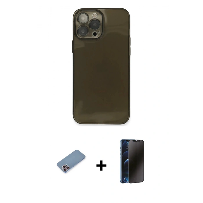 MARSİLYAN™- iPhone 13 Pro Max Kılıf Ahenk Doku - Siyah 3D Antistatik Hayalet Cam Ekran Koruyucu + Shine Kamera Lens Koruma Cam - PE