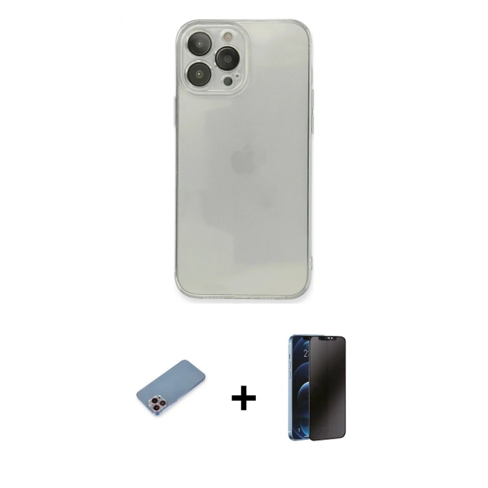 MARSİLYAN™- iPhone 13 Pro Max Kılıf Ahenk Doku - Siyah 3D Antistatik Hayalet Cam Ekran Koruyucu + Shine Kamera Lens Koruma Cam - PE