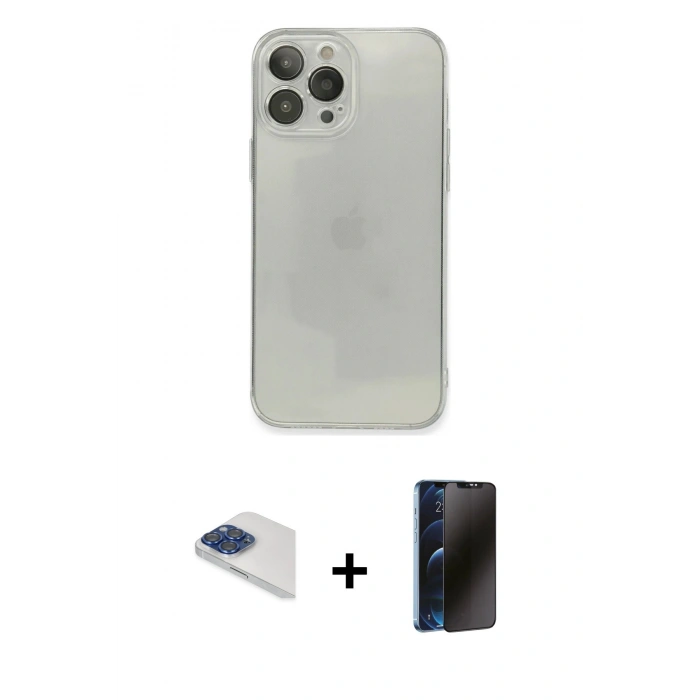 MARSİLYAN™- iPhone 13 Pro Max Kılıf Ahenk Doku - Siyah 3D Antistatik Hayalet Cam Ekran Koruyucu + Pers Alüminyum Kamera Lens - LT