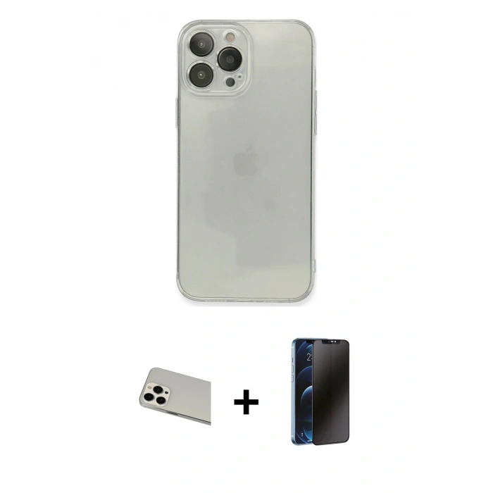 MARSİLYAN™- iPhone 13 Pro Max Kılıf Ahenk Doku - Siyah 3D Antistatik Hayalet Cam Ekran Koruyucu + Rainbow Kamera Lens Koruma Cam - BZ