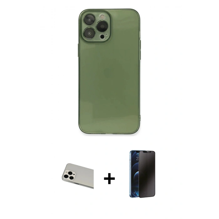 MARSİLYAN™- iPhone 13 Pro Max Kılıf Ahenk Doku - Siyah 3D Antistatik Hayalet Cam Ekran Koruyucu + Rainbow Kamera Lens Koruma Cam - BZ