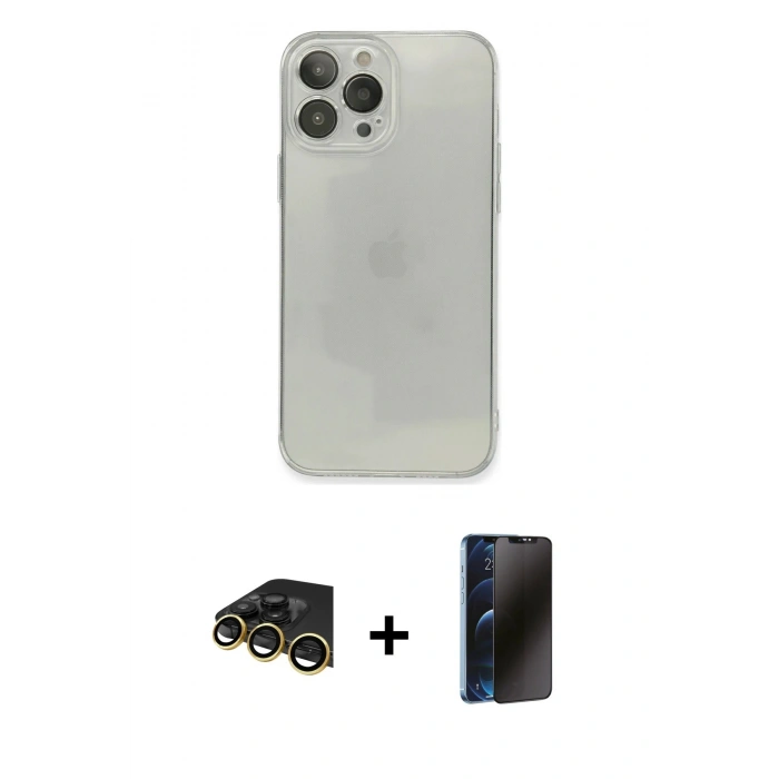 MARSİLYAN™- iPhone 13 Pro Max Kılıf Ahenk Doku - Siyah 3D Antistatik Hayalet Cam Ekran Koruyucu + Raze Metal Kamera Lens - GD