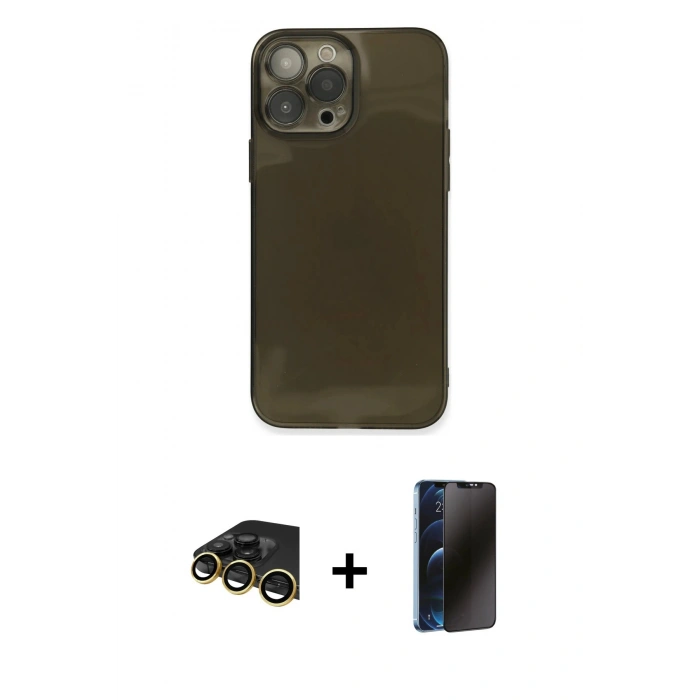 MARSİLYAN™- iPhone 13 Pro Max Kılıf Ahenk Doku - Siyah 3D Antistatik Hayalet Cam Ekran Koruyucu + Raze Metal Kamera Lens - GD