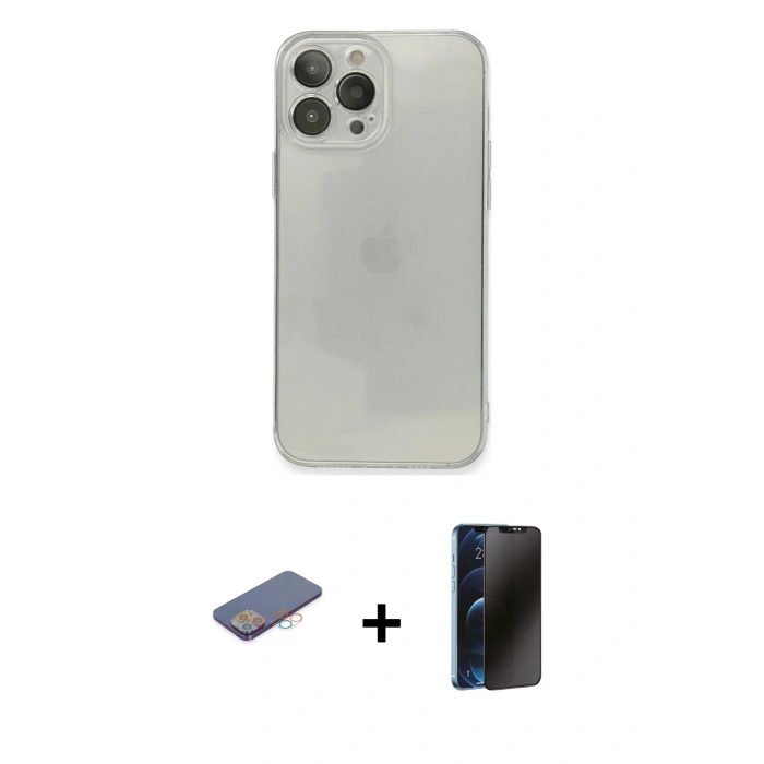 MARSİLYAN™- iPhone 13 Pro Max Kılıf Ahenk Doku - Siyah 3D Antistatik Hayalet Cam Ekran Koruyucu + Renkli Kamera Lens Koruma Cam - PE