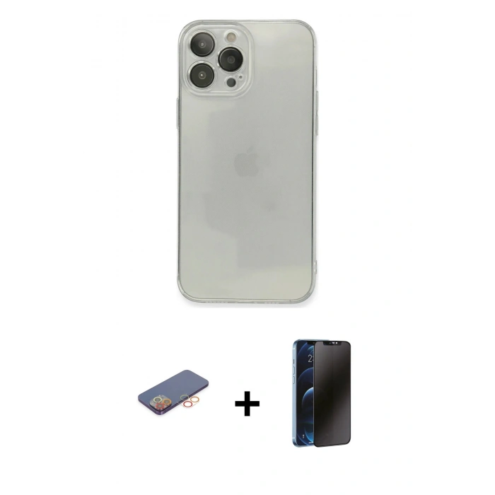 MARSİLYAN™- iPhone 13 Pro Max Kılıf Ahenk Doku - Siyah 3D Antistatik Hayalet Cam Ekran Koruyucu + Renkli Kamera Lens Koruma Cam - TU