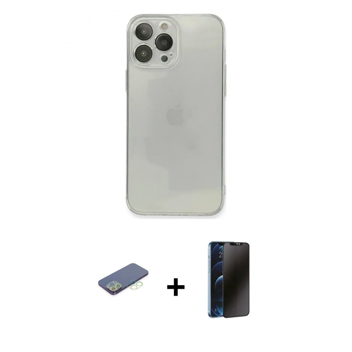 MARSİLYAN™- iPhone 13 Pro Max Kılıf Ahenk Doku - Siyah 3D Antistatik Hayalet Cam Ekran Koruyucu + Renkli Kamera Lens Koruma Cam - YL