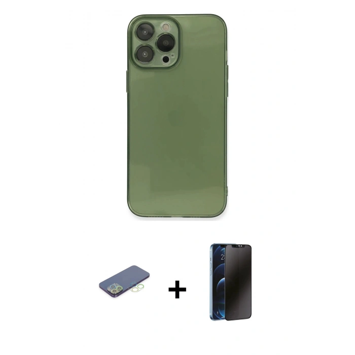MARSİLYAN™- iPhone 13 Pro Max Kılıf Ahenk Doku - Siyah 3D Antistatik Hayalet Cam Ekran Koruyucu + Renkli Kamera Lens Koruma Cam - YL