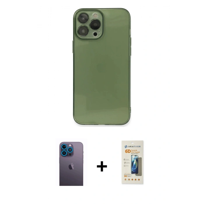 MARSİLYAN™- iPhone 13 Pro Max Kılıf Ahenk Doku - Siyah 6D Mat Seramik Hayalet Nano Ekran Koruyucu + Neon Fosforlu Kamera Lens - MI