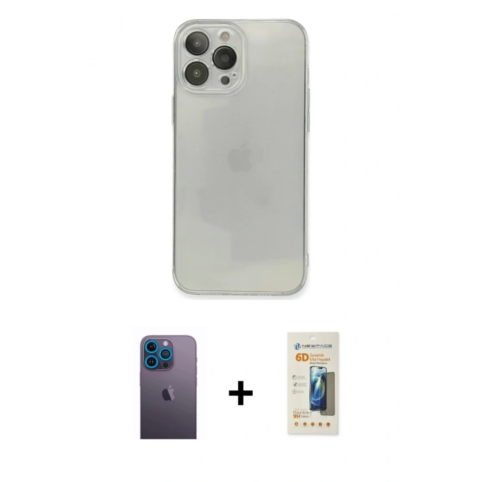 MARSİLYAN™- iPhone 13 Pro Max Kılıf Ahenk Doku - Siyah 6D Mat Seramik Hayalet Nano Ekran Koruyucu + Neon Fosforlu Kamera Lens - MI