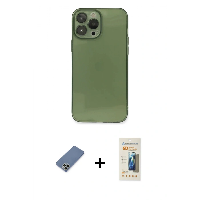 MARSİLYAN™- iPhone 13 Pro Max Kılıf Ahenk Doku - Siyah 6D Mat Seramik Hayalet Nano Ekran Koruyucu + Metal Kamera Lens Koruma Cam - AKYL