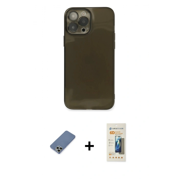MARSİLYAN™- iPhone 13 Pro Max Kılıf Ahenk Doku - Siyah 6D Mat Seramik Hayalet Nano Ekran Koruyucu + Metal Kamera Lens Koruma Cam - AKYL