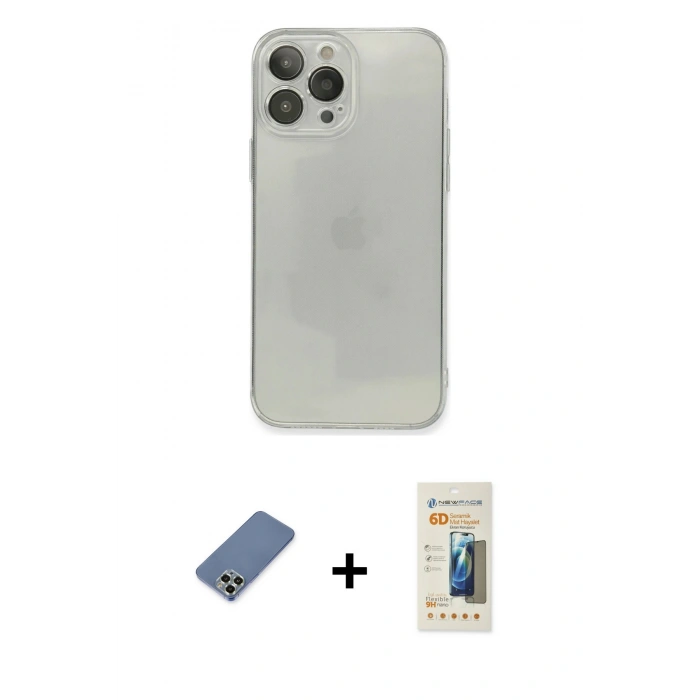 MARSİLYAN™- iPhone 13 Pro Max Kılıf Ahenk Doku - Siyah 6D Mat Seramik Hayalet Nano Ekran Koruyucu + Metal Kamera Lens Koruma Cam - AKYL