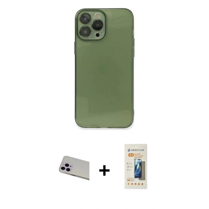 MARSİLYAN™- iPhone 13 Pro Max Kılıf Ahenk Doku - Siyah 6D Mat Seramik Hayalet Nano Ekran Koruyucu + Rainbow Kamera Lens Koruma Cam - MR