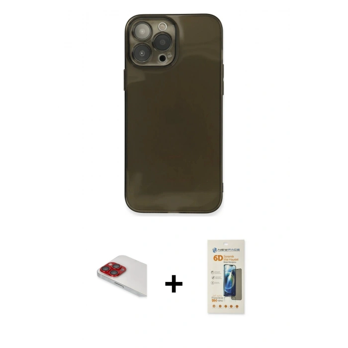 MARSİLYAN™- iPhone 13 Pro Max Kılıf Ahenk Doku - Siyah 6D Mat Seramik Hayalet Nano Ekran Koruyucu + Pers Alüminyum Kamera Lens - KI