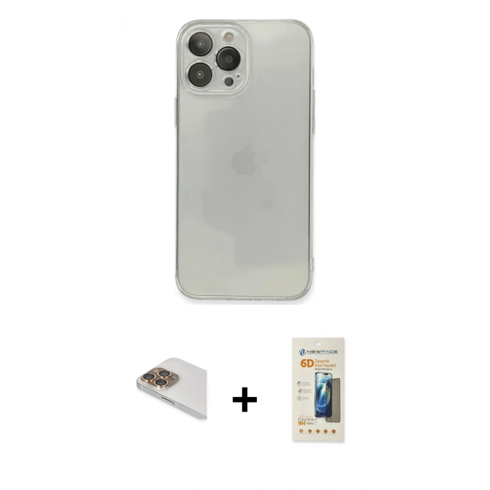 MARSİLYAN™- iPhone 13 Pro Max Kılıf Ahenk Doku - Siyah 6D Mat Seramik Hayalet Nano Ekran Koruyucu + Pers Alüminyum Kamera Lens - GD