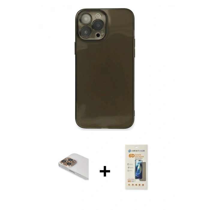 MARSİLYAN™- iPhone 13 Pro Max Kılıf Ahenk Doku - Siyah 6D Mat Seramik Hayalet Nano Ekran Koruyucu + Pers Alüminyum Kamera Lens - GD