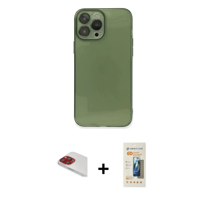 MARSİLYAN™- iPhone 13 Pro Max Kılıf Ahenk Doku - Siyah 6D Mat Seramik Hayalet Nano Ekran Koruyucu + Pers Alüminyum Kamera Lens - KI