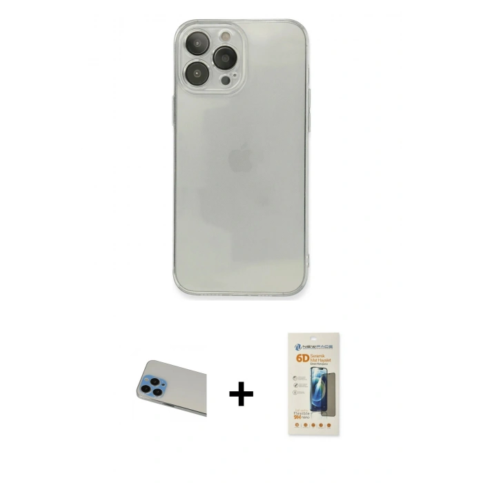 MARSİLYAN™- iPhone 13 Pro Max Kılıf Ahenk Doku - Siyah 6D Mat Seramik Hayalet Nano Ekran Koruyucu + Rainbow Kamera Lens Koruma Cam - MI