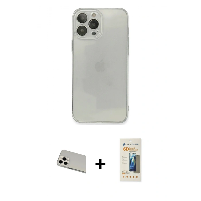MARSİLYAN™- iPhone 13 Pro Max Kılıf Ahenk Doku - Siyah 6D Mat Seramik Hayalet Nano Ekran Koruyucu + Rainbow Kamera Lens Koruma Cam - BZ