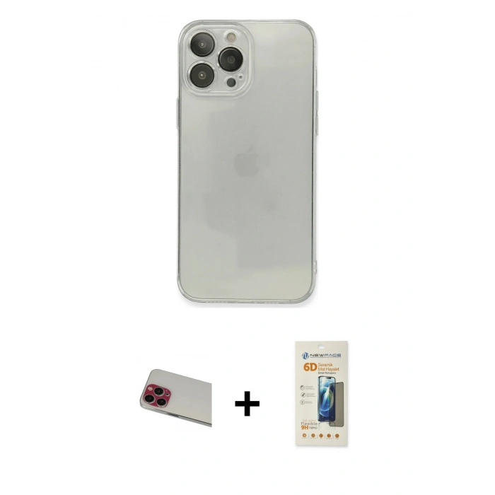 MARSİLYAN™- iPhone 13 Pro Max Kılıf Ahenk Doku - Siyah 6D Mat Seramik Hayalet Nano Ekran Koruyucu + Rainbow Kamera Lens Koruma Cam - KI