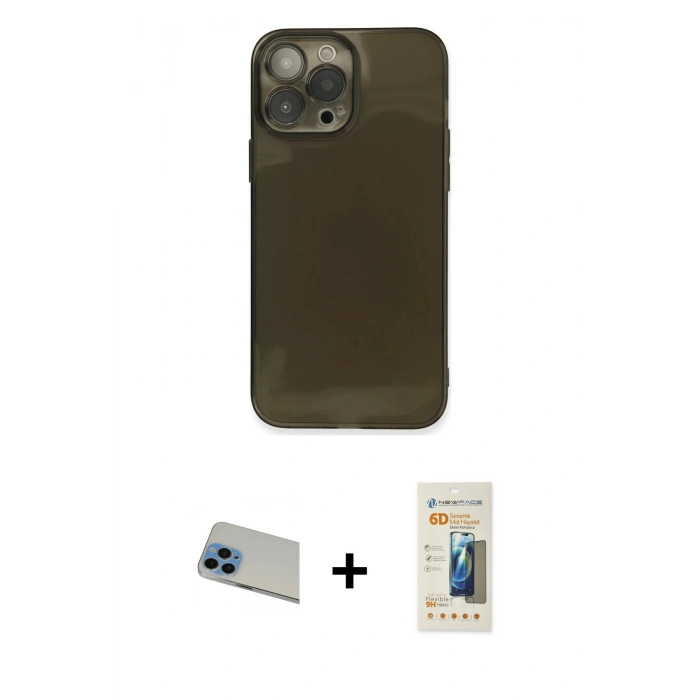 MARSİLYAN™- iPhone 13 Pro Max Kılıf Ahenk Doku - Siyah 6D Mat Seramik Hayalet Nano Ekran Koruyucu + Rainbow Kamera Lens Koruma Cam - MI