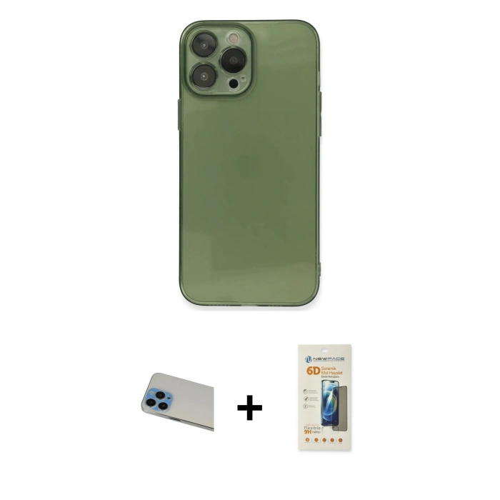 MARSİLYAN™- iPhone 13 Pro Max Kılıf Ahenk Doku - Siyah 6D Mat Seramik Hayalet Nano Ekran Koruyucu + Rainbow Kamera Lens Koruma Cam - MI