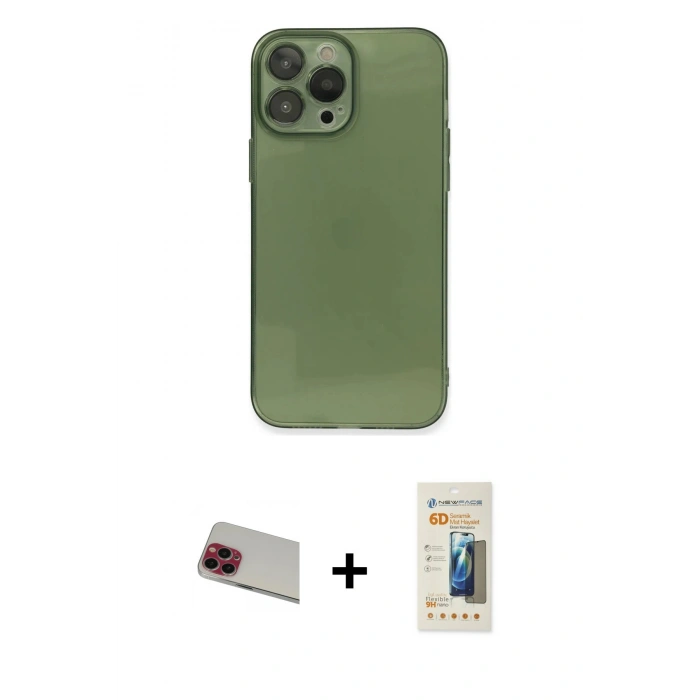 MARSİLYAN™- iPhone 13 Pro Max Kılıf Ahenk Doku - Siyah 6D Mat Seramik Hayalet Nano Ekran Koruyucu + Rainbow Kamera Lens Koruma Cam - KI