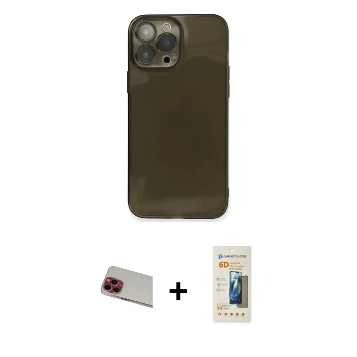 MARSİLYAN™- iPhone 13 Pro Max Kılıf Ahenk Doku - Siyah 6D Mat Seramik Hayalet Nano Ekran Koruyucu + Rainbow Kamera Lens Koruma Cam - KI