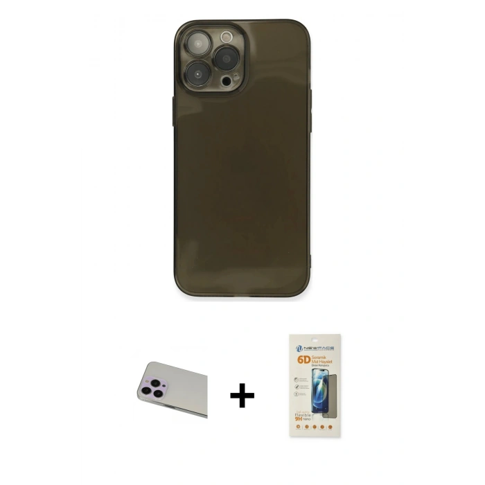 MARSİLYAN™- iPhone 13 Pro Max Kılıf Ahenk Doku - Siyah 6D Mat Seramik Hayalet Nano Ekran Koruyucu + Rainbow Kamera Lens Koruma Cam - MR