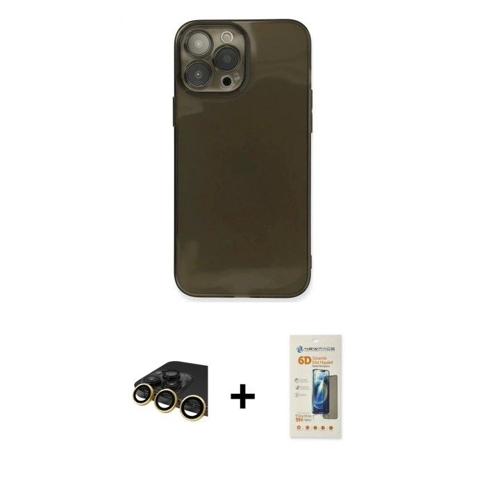 MARSİLYAN™- iPhone 13 Pro Max Kılıf Ahenk Doku - Siyah 6D Mat Seramik Hayalet Nano Ekran Koruyucu + Raze Metal Kamera Lens - GD