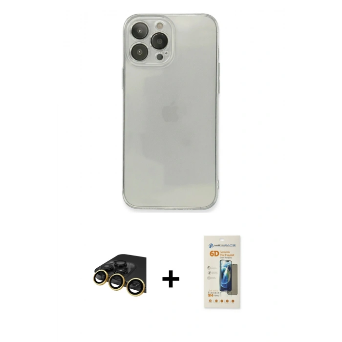MARSİLYAN™- iPhone 13 Pro Max Kılıf Ahenk Doku - Siyah 6D Mat Seramik Hayalet Nano Ekran Koruyucu + Raze Metal Kamera Lens - GD