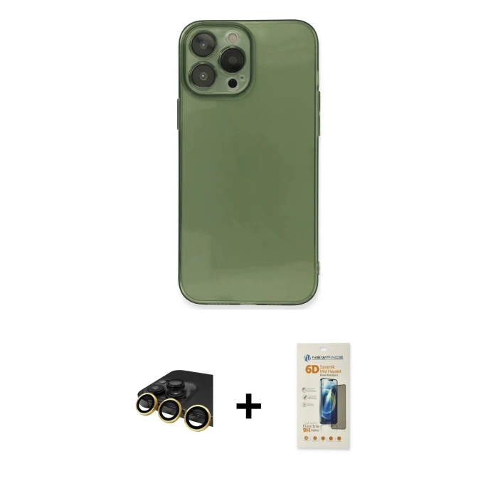 MARSİLYAN™- iPhone 13 Pro Max Kılıf Ahenk Doku - Siyah 6D Mat Seramik Hayalet Nano Ekran Koruyucu + Raze Metal Kamera Lens - GD