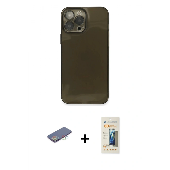 MARSİLYAN™- iPhone 13 Pro Max Kılıf Ahenk Doku - Siyah 6D Mat Seramik Hayalet Nano Ekran Koruyucu + Renkli Kamera Lens Koruma Cam - MI