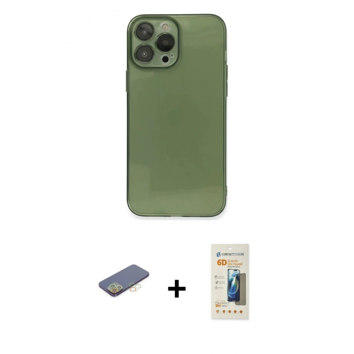 MARSİLYAN™- iPhone 13 Pro Max Kılıf Ahenk Doku - Siyah 6D Mat Seramik Hayalet Nano Ekran Koruyucu + Renkli Kamera Lens Koruma Cam - SI