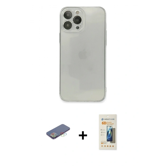 MARSİLYAN™- iPhone 13 Pro Max Kılıf Ahenk Doku - Siyah 6D Mat Seramik Hayalet Nano Ekran Koruyucu + Renkli Kamera Lens Koruma Cam - MI