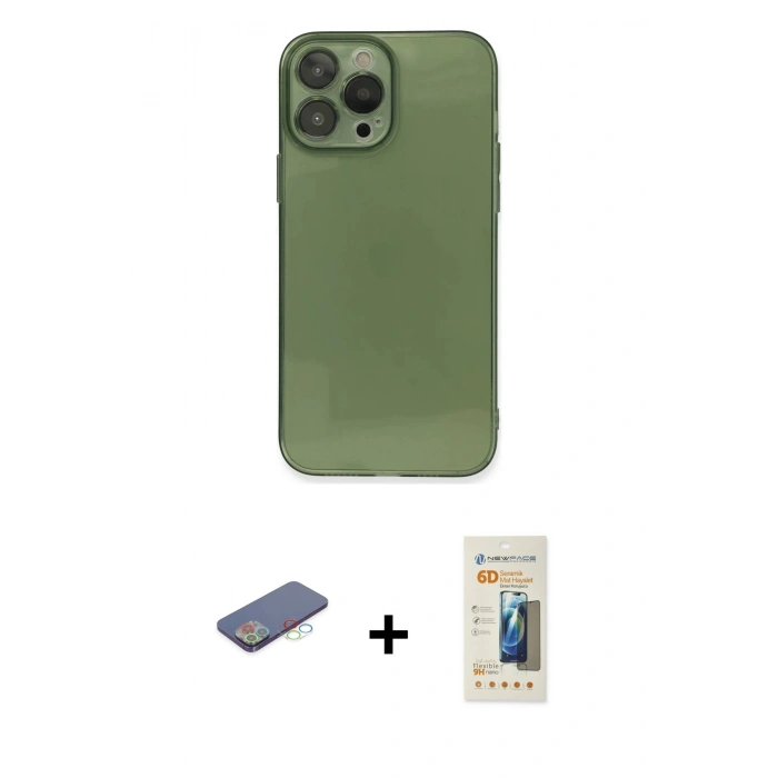 MARSİLYAN™- iPhone 13 Pro Max Kılıf Ahenk Doku - Siyah 6D Mat Seramik Hayalet Nano Ekran Koruyucu + Renkli Kamera Lens Koruma Cam - MI