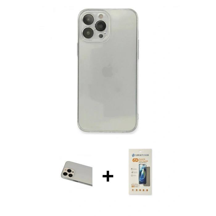 MARSİLYAN™- iPhone 13 Pro Max Kılıf Ahenk Doku - Siyah 6D Mat Seramik Hayalet Nano Ekran Koruyucu + Rose Gold Rainbow Kamera Lens Koruma Cam
