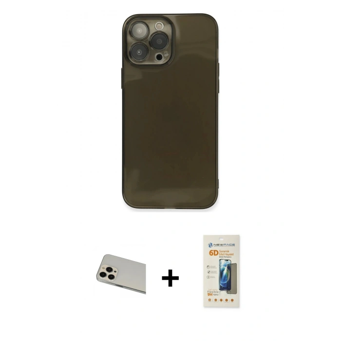 MARSİLYAN™- iPhone 13 Pro Max Kılıf Ahenk Doku - Siyah 6D Mat Seramik Hayalet Nano Ekran Koruyucu + Rose Gold Rainbow Kamera Lens Koruma Cam